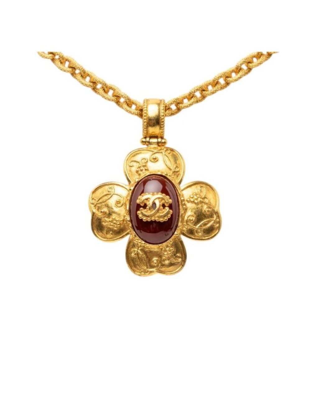 Chanel CC Logo Flower Motif Vintage Chain Pendant Gold Wine
